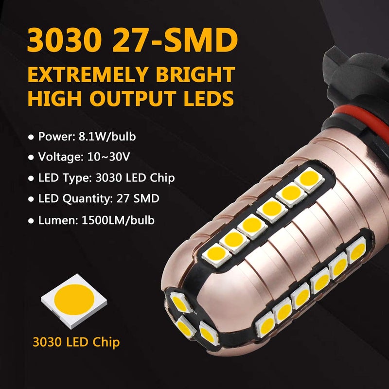 PHINLION H10 9140 9145 Yellow LED Fog Light Bulbs 3000 Lumens Super Bright 3030 27-SMD 9040 9045 9055 9155 LED Bulb Replacement for DRL or Fog Lamps, Golden Yellow - Image 2